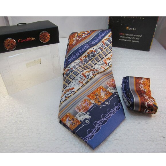 Mens Silk Tie Hanky and Cuff Link Set by Graffitie New in Box - Picture 3 of 14